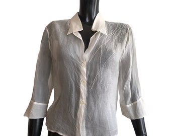 Vintage Krizia pure silk shirt , semi sheer , Perte by Krizia , elegant , feminine , formal , luxury