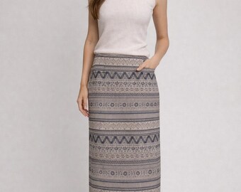 Spódnica maxi w stylu nordyckim, rozmiar S/M, dzianinowa, w stonowanych kolorach, skandynawski design, nordycki nadruk z lat 00.