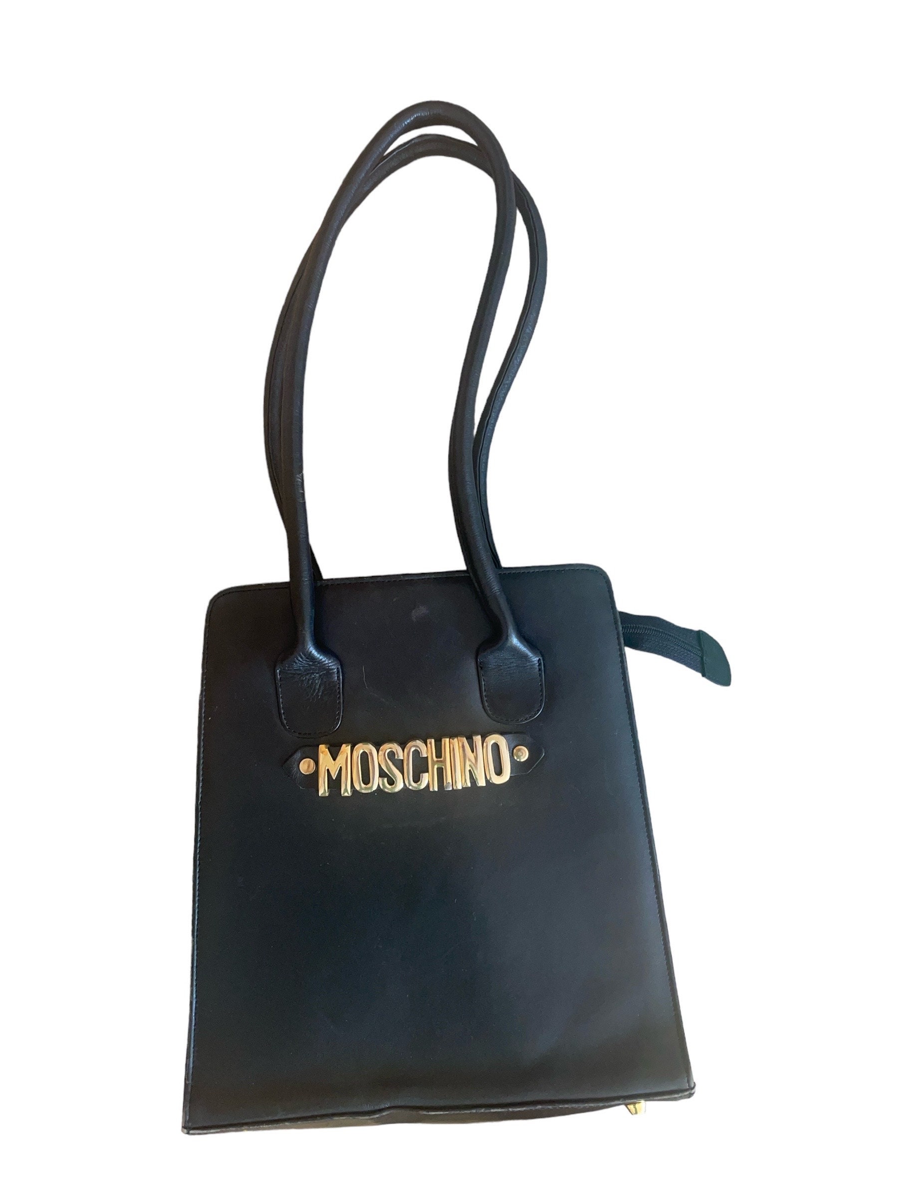 Vintage 90s Moschino Black Leather Gold Letters Shoulder Bag Vintage 90s Moschino Black Leather Gold Letters Shoulder Bag