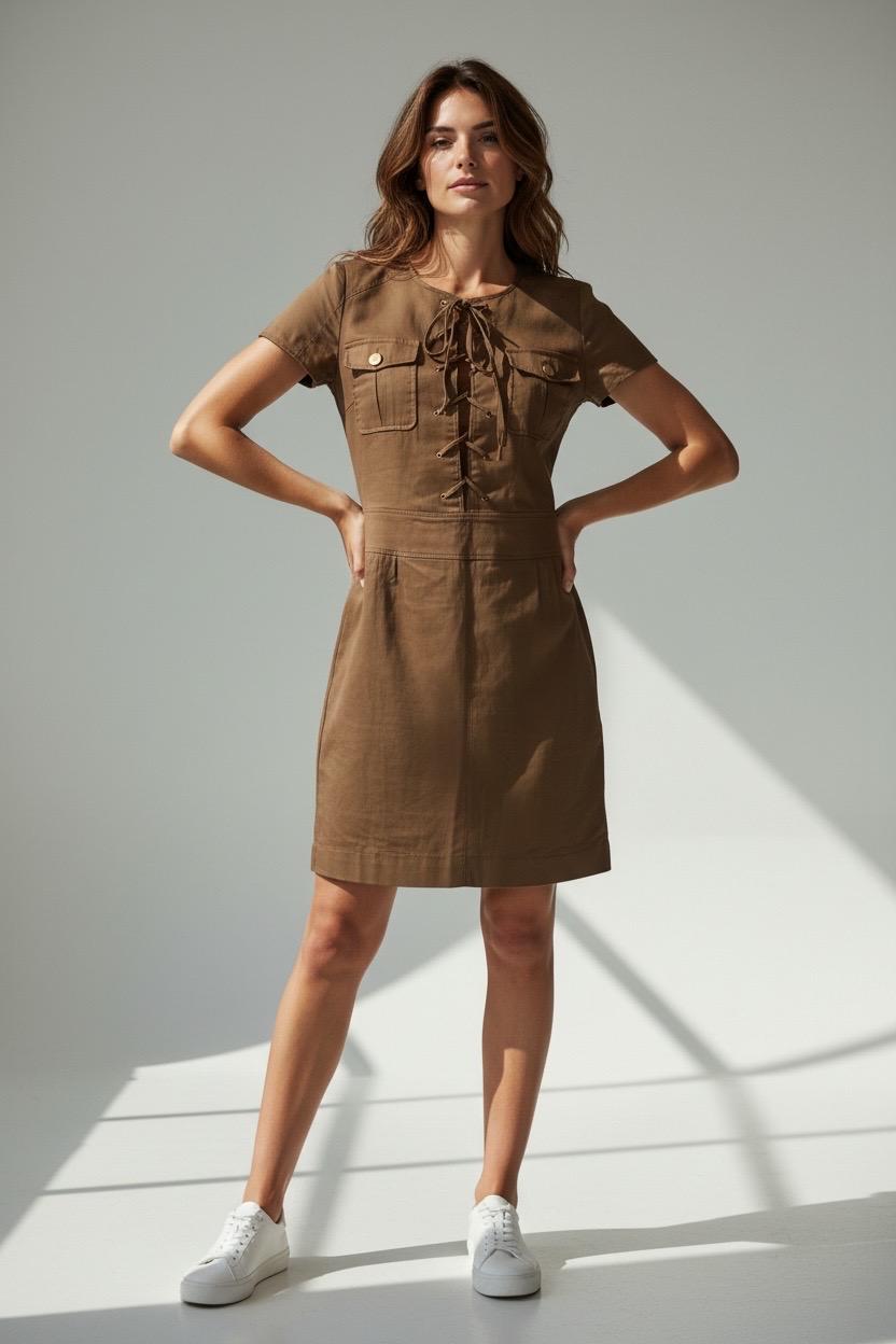 Tory Burch Beige Safari Lace-Up Dress, Size M (US 10)  Classic Utility  Style, Coffee Milk Neutral Designer Dress