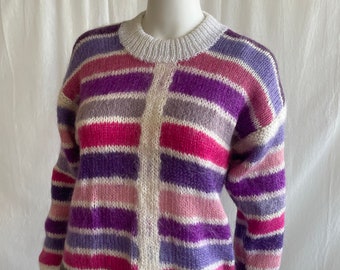 100% Mohair lavorato a mano maglione multicolore maglione spogliato colori rosa lilla taglia M, pullover in mohair anni '90, regalo per lei, regalo di compleanno