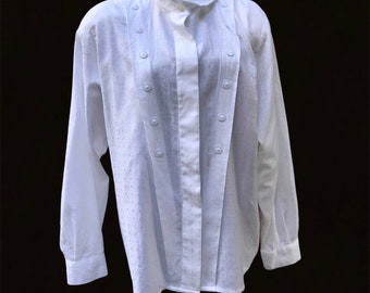 May include: White long-sleeved button-up shirt with a textured pattern and a stand-up collar.