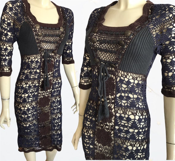 1970 Crochet fitted dress , Dark blue Mid length … - image 1