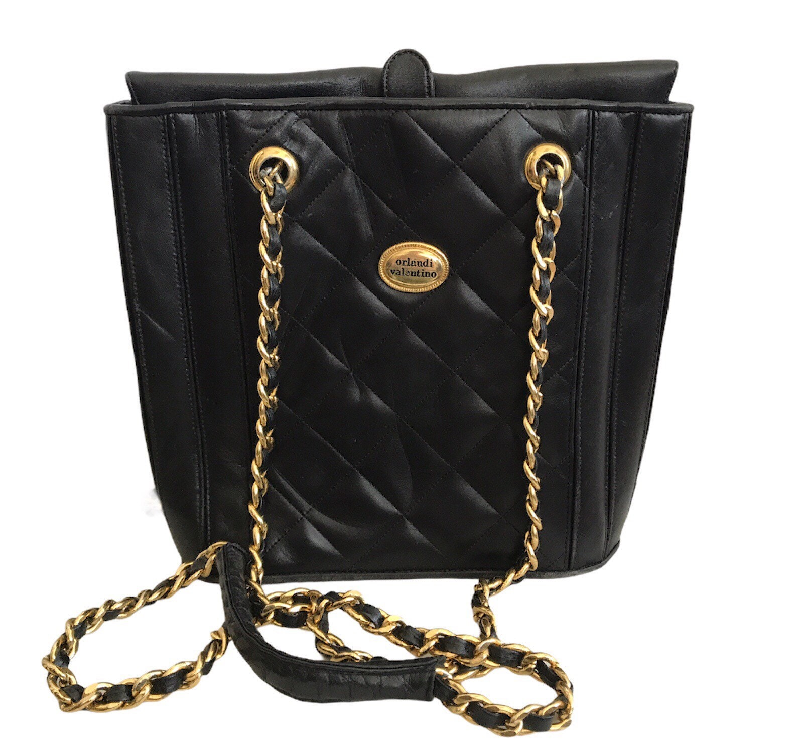 Backpack Purse Handbag, Black Quilted Leather, Gold Beadded Fringe  Swarovski, Valentino Orlandi