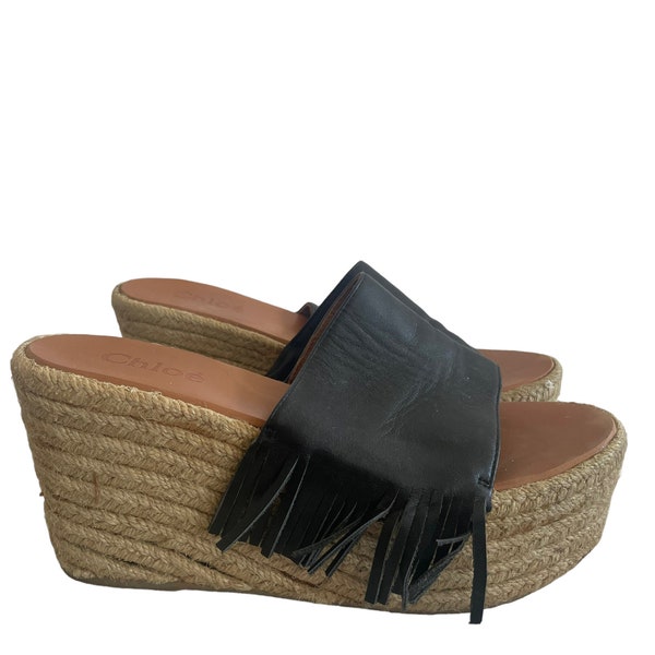 Chloe Y2K / 2000 Black Leather Rattan Platforms Sandals Wedges Shoes Size Eu 36,5-37, Gift for Her, Festival Platforms