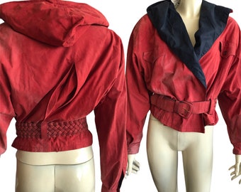 1980 distressed bomber jacket , hipster jacket  , burgundy 80s belted jacket,suede feel  , buttoned shoulders , distressed