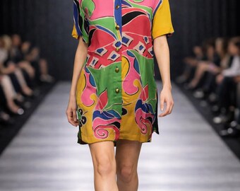 ESCADA Jedwabna koszula Vintage Escada 80. RZADKA koszula Wielokolorowy top Abstrakcyjny wzór Escada Kolekcjonerska Escada autorstwa Margareta Ley Jedwabna koszula Prezent