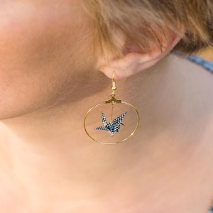 Black and golden hoop paper crane earrings white polka dots