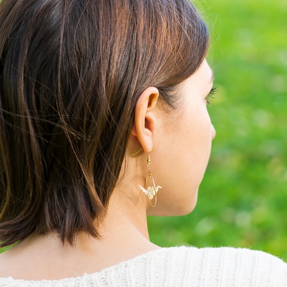 Origami white cranes hoop earrings golden polka dots