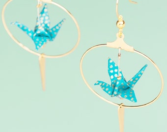 Origami cranes goldplated hoop earrings turquoise blue with golden polka dots