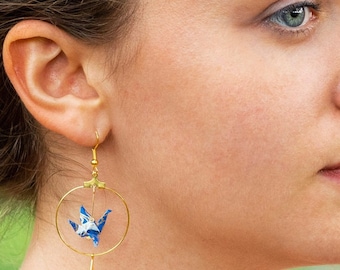 Golden or silvery origami cranes hoop earrings, goldplated