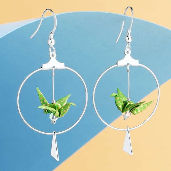 Green origami cranes hoop silver plated earrings