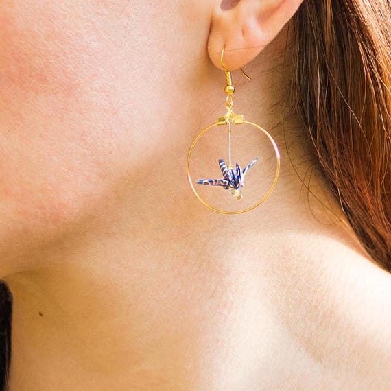 Origami birds hoop earrings blue golden waves