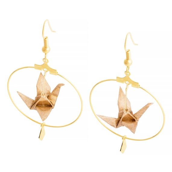 Golden or silvery origami cranes hoop earrings, goldplated