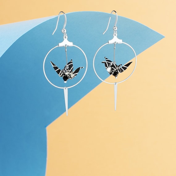 Origami cranes hoop earrings black and white silver plated