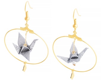 Golden or silvery origami cranes hoop earrings, goldplated