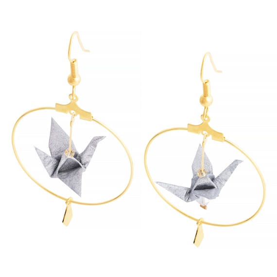 Golden or silvery origami cranes hoop earrings, goldplated
