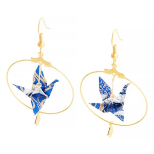 Golden or silvery origami cranes hoop earrings, goldplated