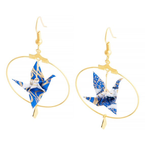 Golden or silvery origami cranes hoop earrings, goldplated