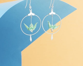 Origami jewelry cranes silver hoop earrings turquoise