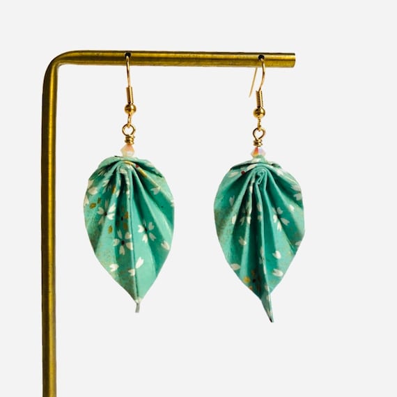 Origami leaves turquoise and white earrings