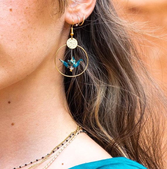Blue and golden flower origami bird hoop earrings