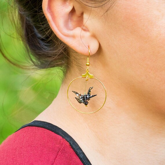 Black washi origami bird earrings white and golden flowers