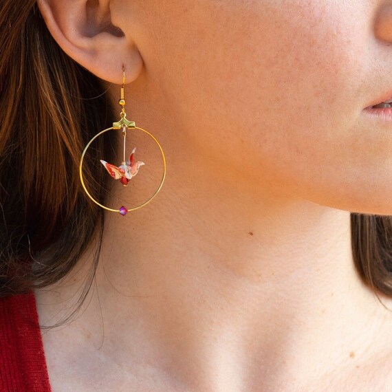 origami bird hoop earrings goldplated leaves patterns