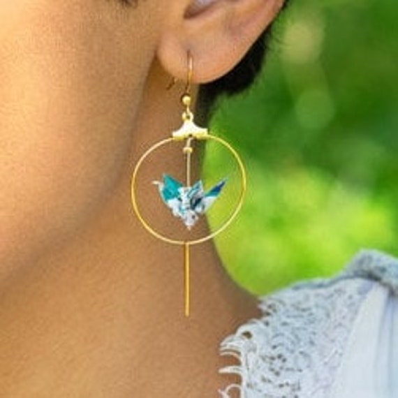 Origami cranes hoop earrings light blue and white
