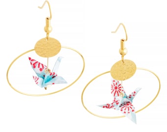 Red and white flower origami bird hoop earrings