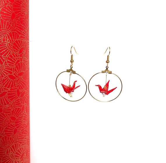 Boucles d'oreille origami, oiseau rouge et or, créoles dorées, dorées à l'or fin