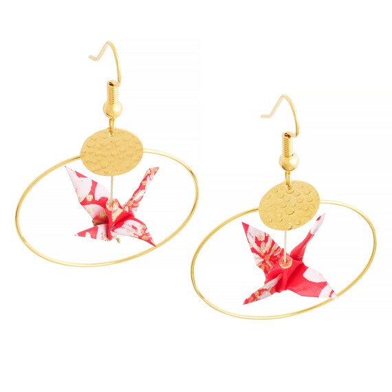 Red and white flower origami bird hoop earrings