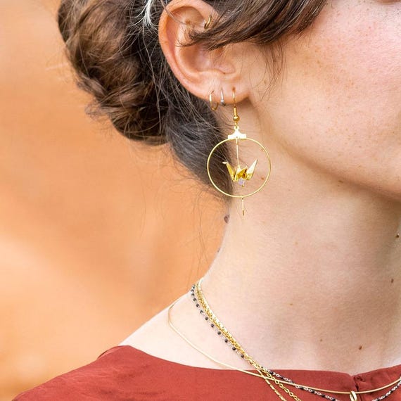 Golden or silvery origami cranes hoop earrings, goldplated