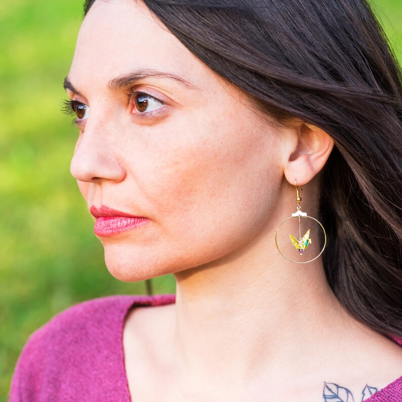 Yellow white and green origami bird hoop earrings image 2