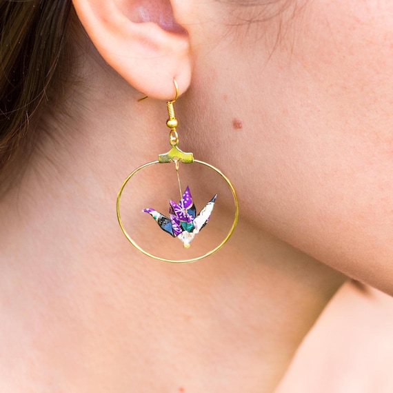 Purple origami cranes hoop earrings plum tree flowers