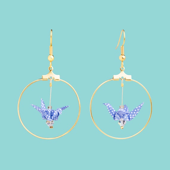 Origami birds hoop earrings lavender blue white polka dots
