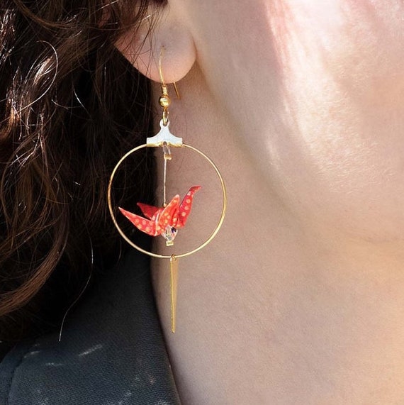 Handmade origami red cranes hoop earrings with fine gold