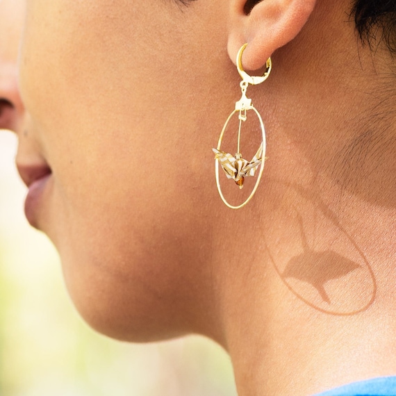 white and golden origami crane earrings