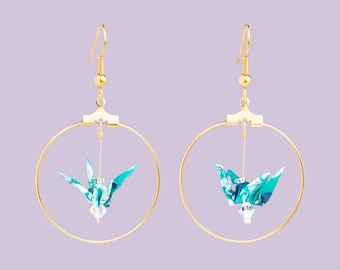 Turquoise blue and white flower origami bird hoop earrings