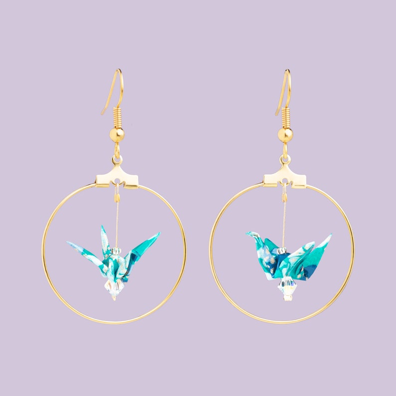 Turquoise blue and white flower origami bird hoop earrings image 1