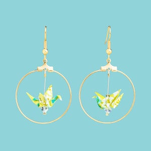 Yellow white and green origami bird hoop earrings image 1