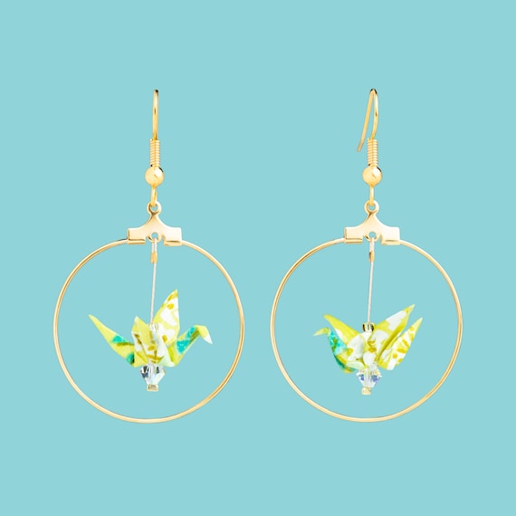 Yellow white and green origami bird hoop earrings
