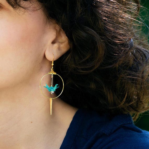 Origami cranes goldplated hoop earrings turquoise blue with golden polka dots
