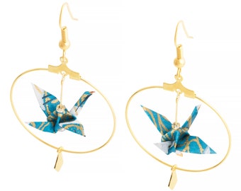 Golden or silvery origami cranes hoop earrings, goldplated