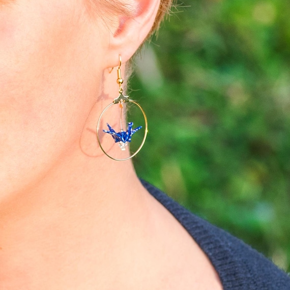 Origami birds golden hoop earrings royal blue silvery polka dots patterns