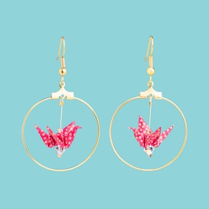 Origami birds golden hoop earrings pink golden polka dots patterns