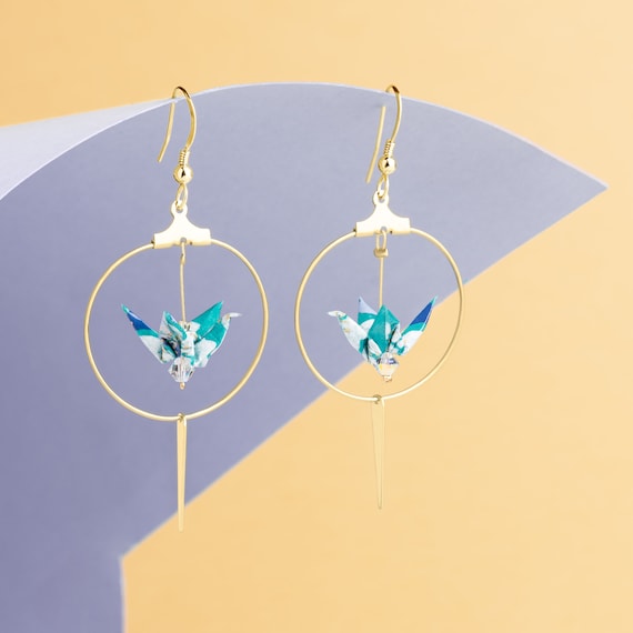 Origami cranes hoop earrings light blue and white