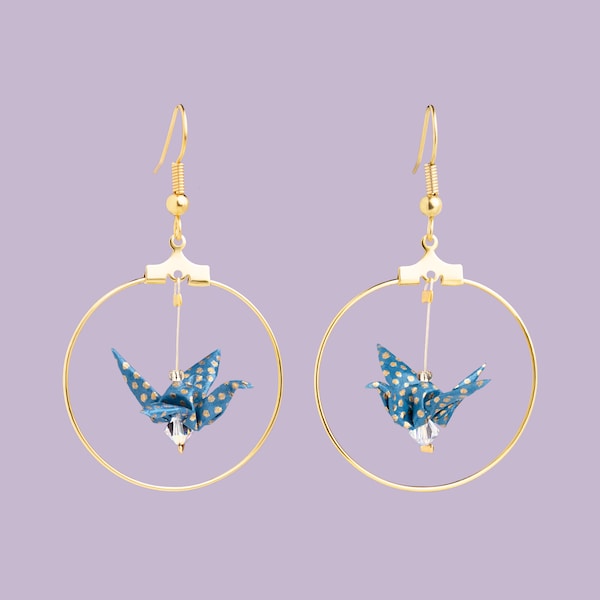Origami birds golden hoop earrings blue golden polka dots patterns