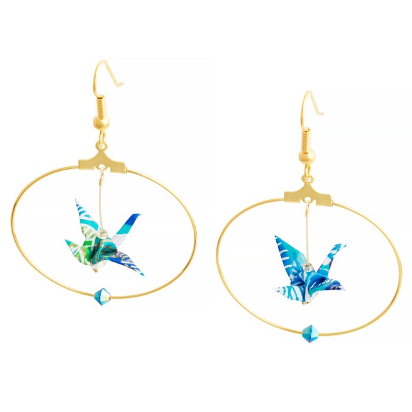 Boucles d'oreille origami motifs feuillages dorés à l'or fin avec perles de cristal swarovski dans les créoles