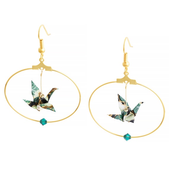 origami bird hoop earrings goldplated leaves patterns